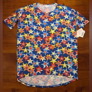 LulaRoe Americana Irma Top Tunic Shirt Red White Blue Yellow Stars Sz XS - NEW